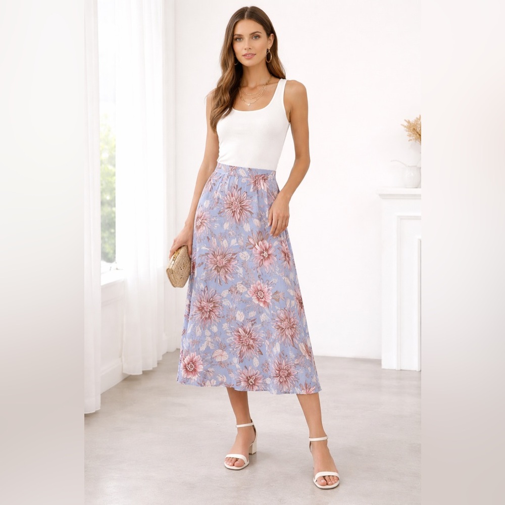 Ellison Floral Midi Skirt Blue Pink Botanical Print Lightweight Flowy Small
